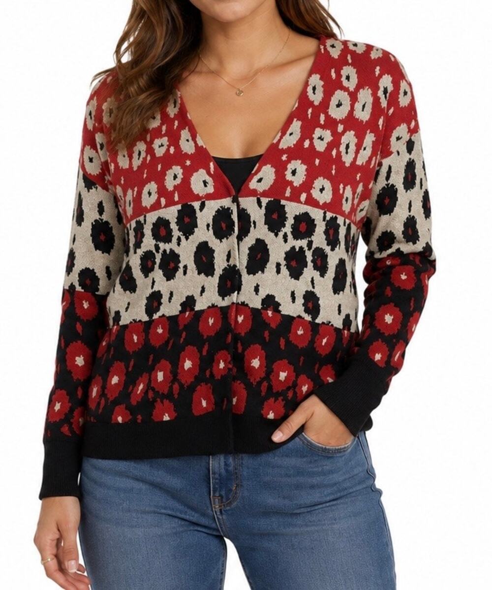 Cabi Upbeat Cardigan Sweater Red Cream Black Size Small
